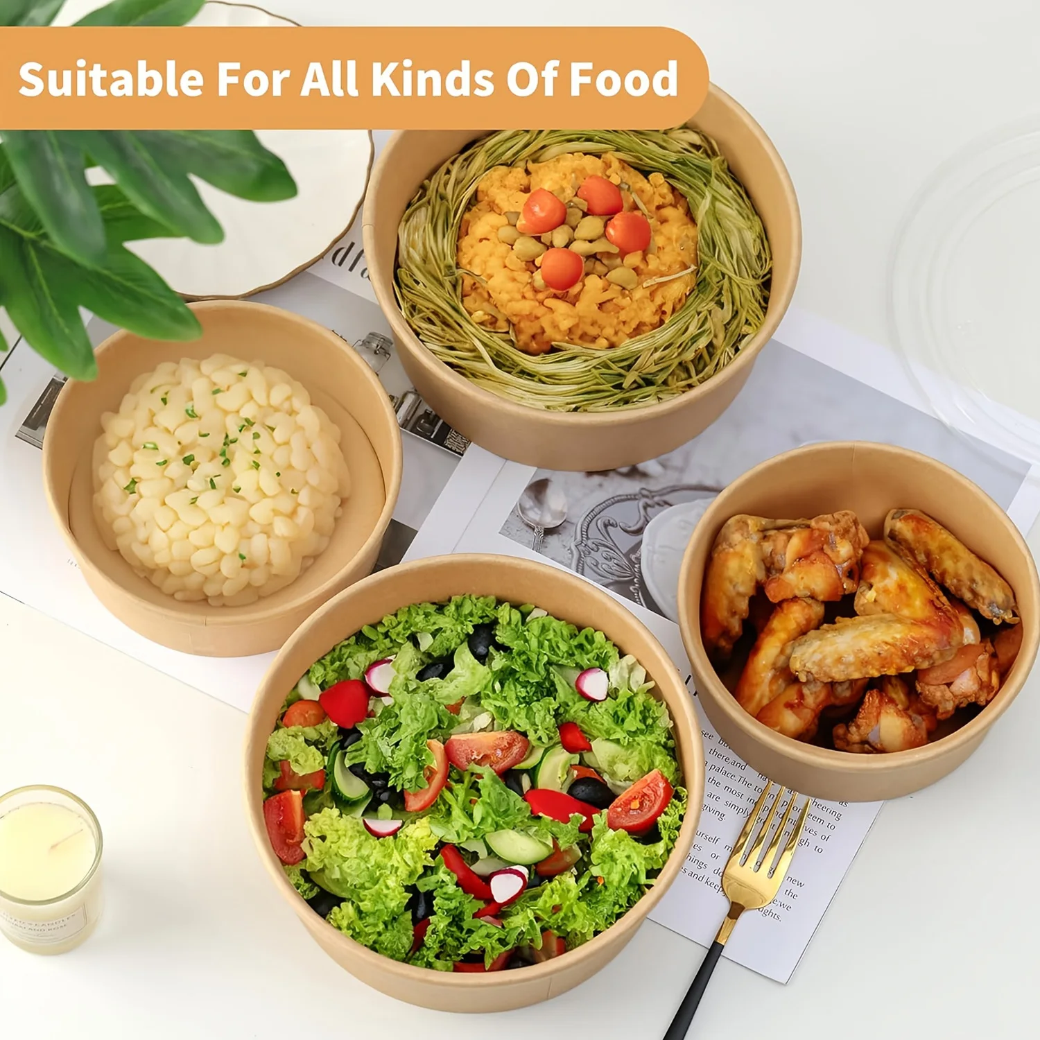17Oz/500Ml 25/50 Pack Paper Bowls with Lids, Disposable Soup Bowls, Food Containers Lunch Box, Salad Bowls, Meal Prep Bowls thumbnail 3