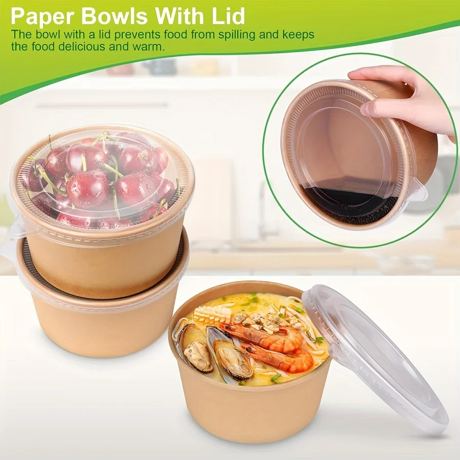 34Oz/1000Ml 25/50 Pack Paper Bowls with Lids, Disposable Soup Bowls, Food Containers Lunch Box, Salad Bowls, Meal Prep Bowls thumbnail 3