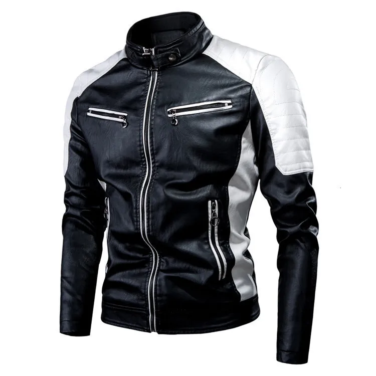 Casual Patchwork Biker Leather Jacket Men's Fashion Stand Collar Vintage Warm PU Leather Zipper Closure Streetwear Style thumbnail 3
