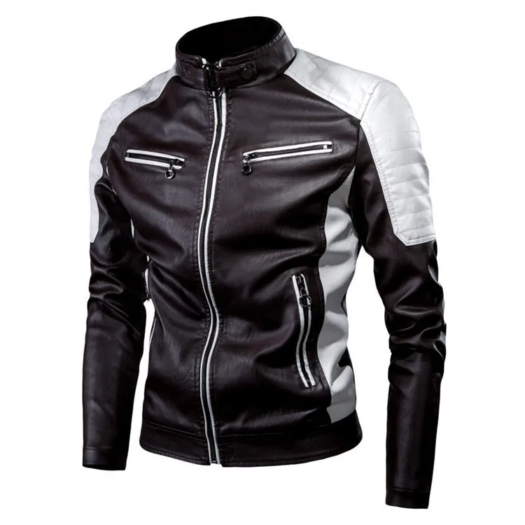 Casual Patchwork Biker Leather Jacket Men's Fashion Stand Collar Vintage Warm PU Leather Zipper Closure Streetwear Style thumbnail 2