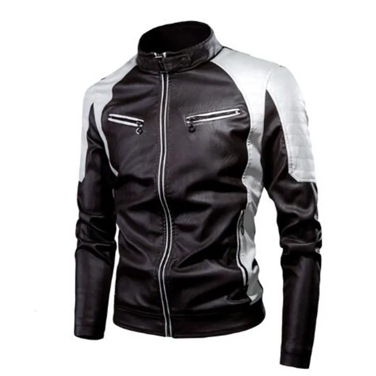 Casual Patchwork Biker Leather Jacket Men's Fashion Stand Collar Vintage Warm PU Leather Zipper Closure Streetwear Style thumbnail 5