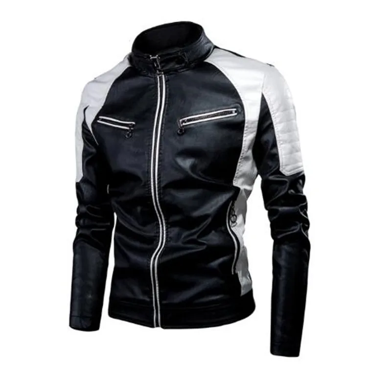Casual Patchwork Biker Leather Jacket Men's Fashion Stand Collar Vintage Warm PU Leather Zipper Closure Streetwear Style thumbnail 4