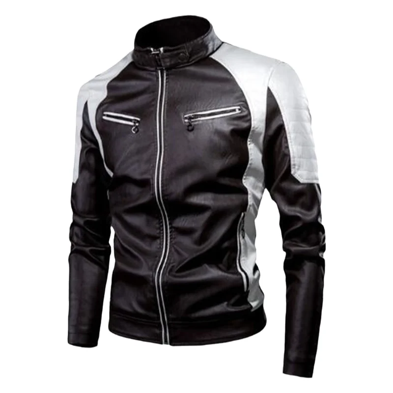 Casual Patchwork Biker Leather Jacket Men's Fashion Stand Collar Vintage Warm PU Leather Zipper Closure Streetwear Style thumbnail 6