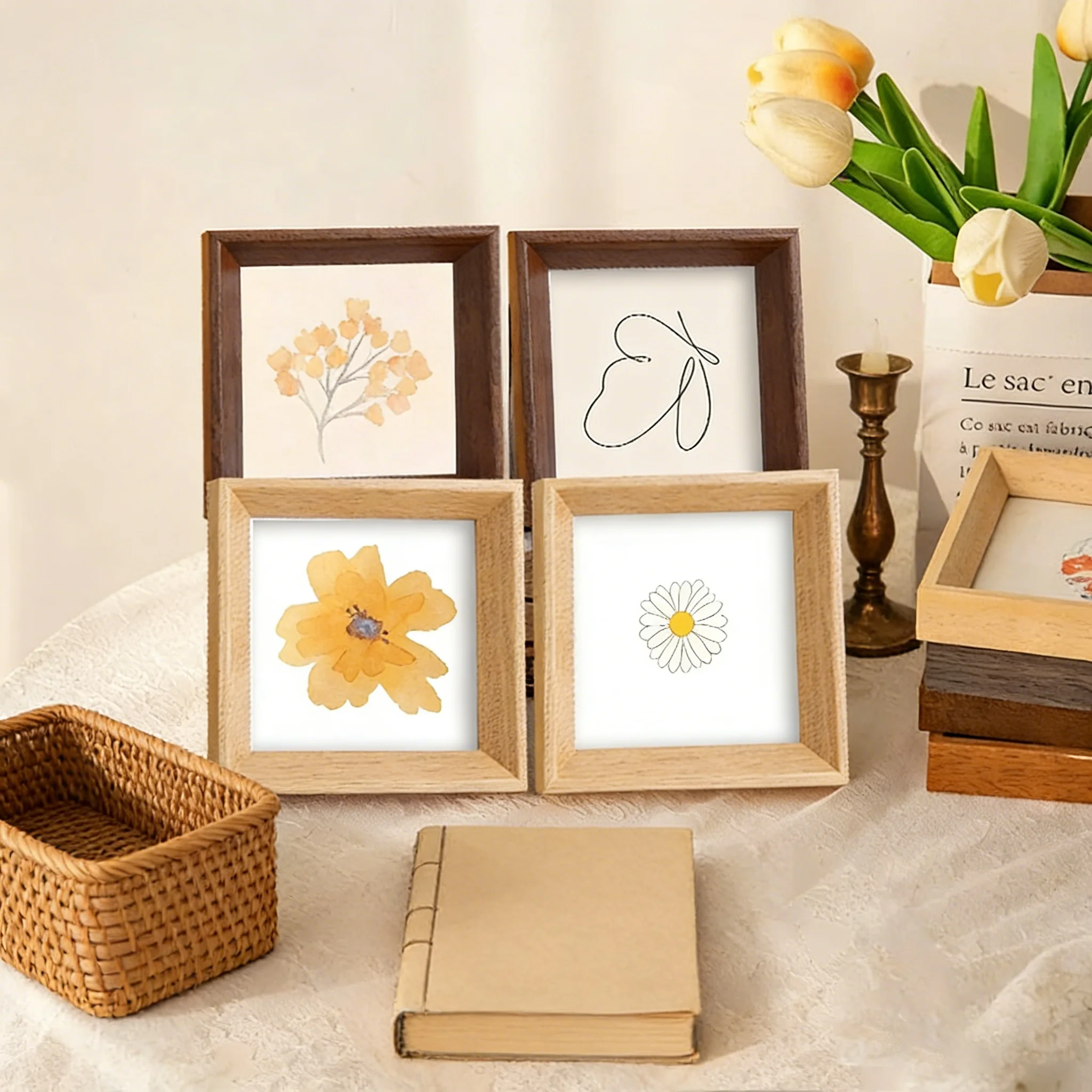 Square Wooden Picture Frame Nordic Style - Mini Frame for Oil Pastel Artwork, Mini Square Wooden Photo Frame Kids Photos Display thumbnail 3