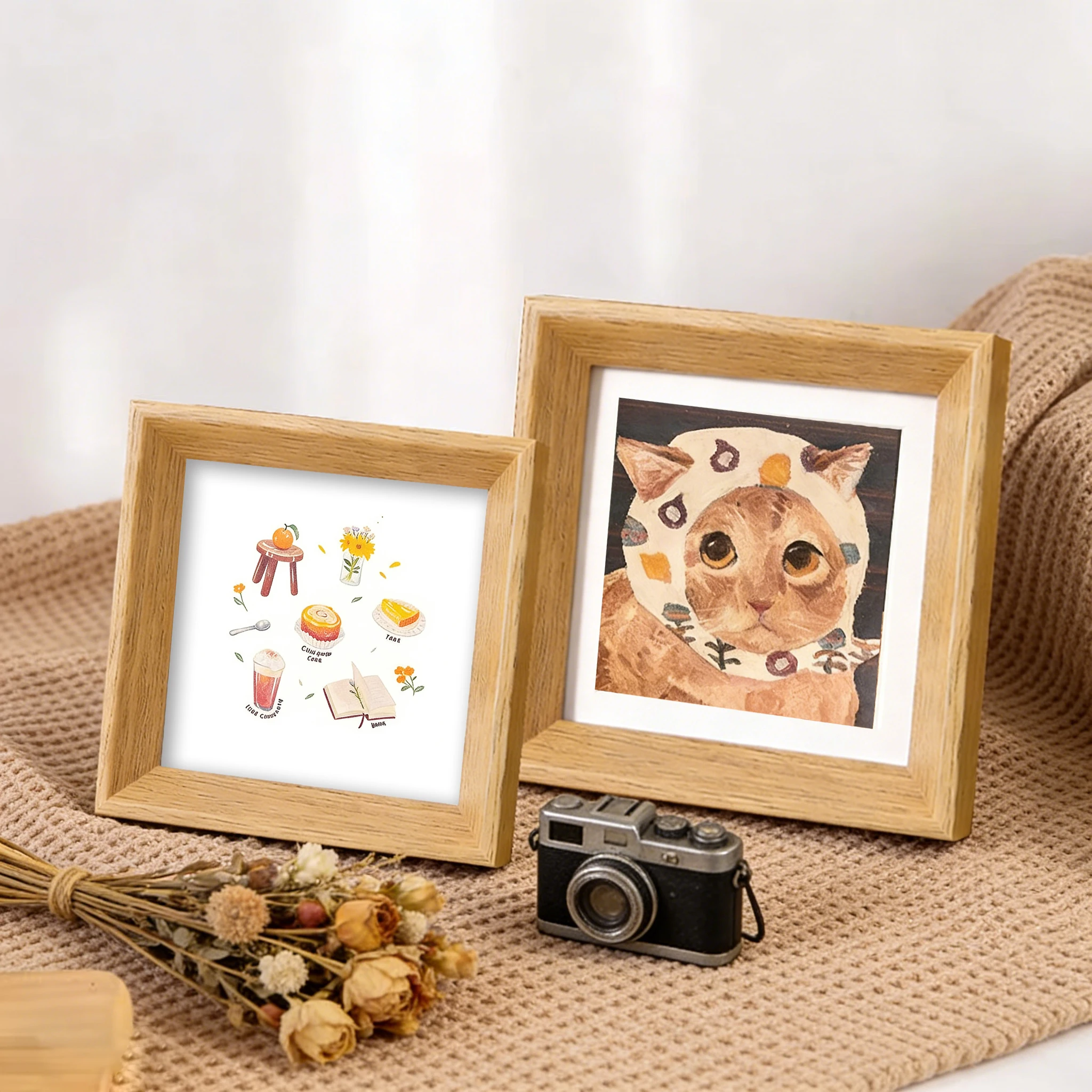 Square Wooden Picture Frame Nordic Style - Mini Frame for Oil Pastel Artwork, Mini Square Wooden Photo Frame Kids Photos Display thumbnail 2