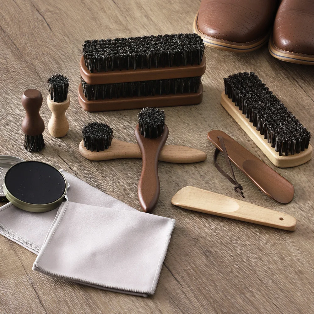 5PCS Horsehair Shoe Shine Kit - Portable Leather Shoe Care Set with Soft Brush, Polish Cloth & Shoe Horn thumbnail 2
