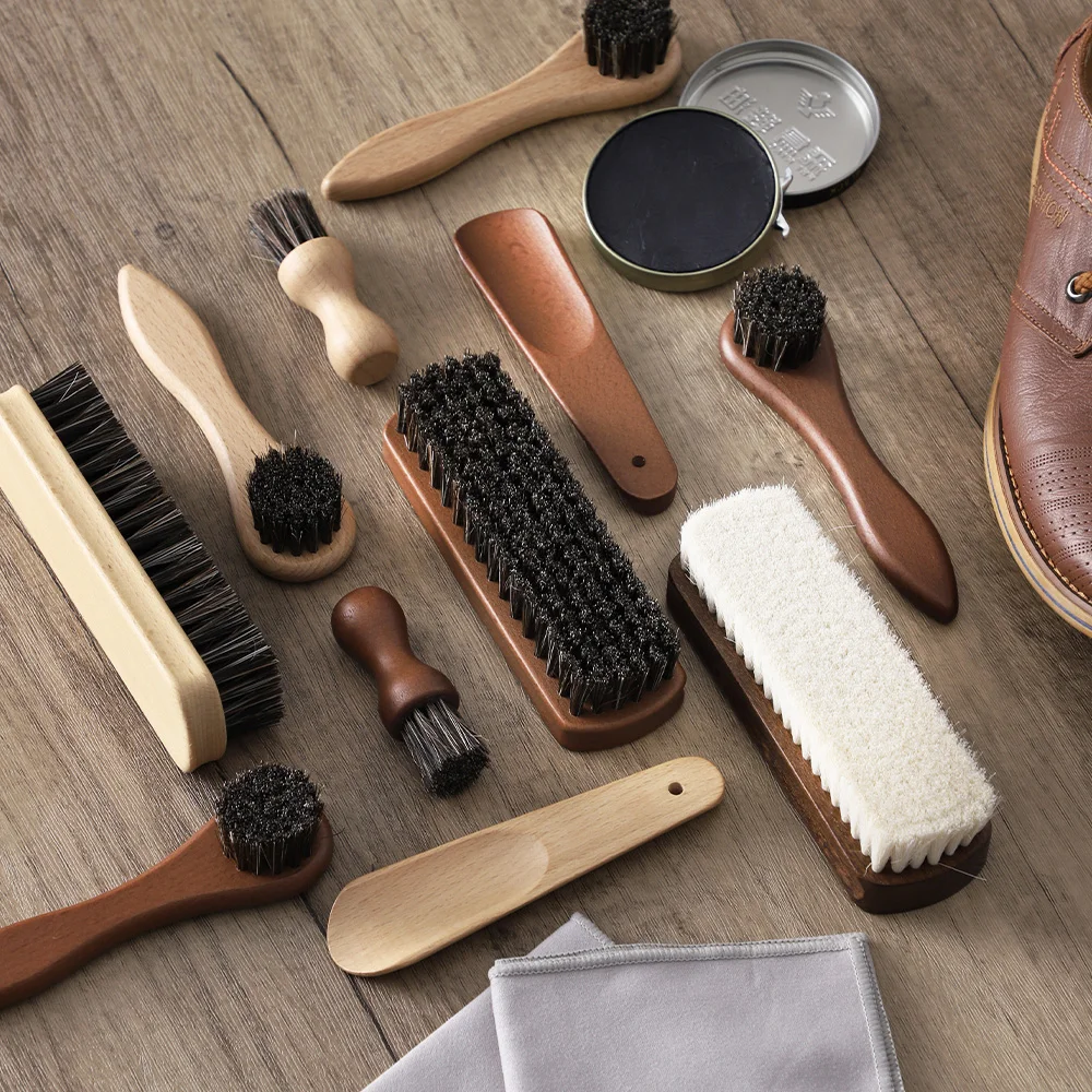 5PCS Horsehair Shoe Shine Kit - Portable Leather Shoe Care Set with Soft Brush, Polish Cloth & Shoe Horn