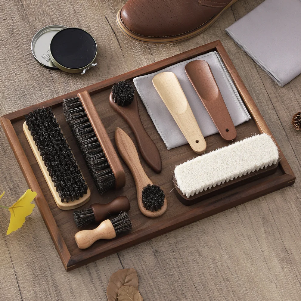 5PCS Horsehair Shoe Shine Kit - Portable Leather Shoe Care Set with Soft Brush, Polish Cloth & Shoe Horn thumbnail 3