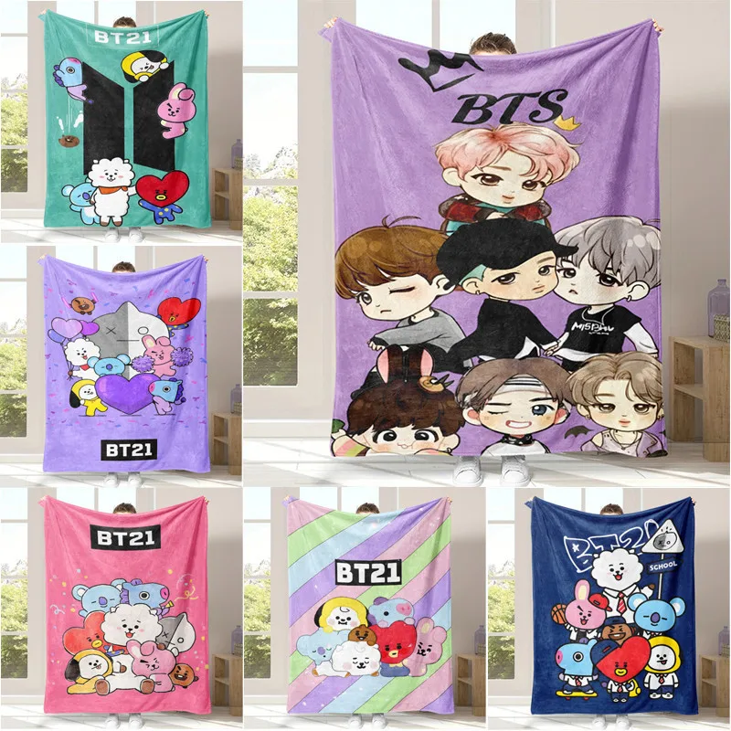 Flannel Blanket Bt BTS One Side Print Sofa Throw Blanket Practical Gift for Family
