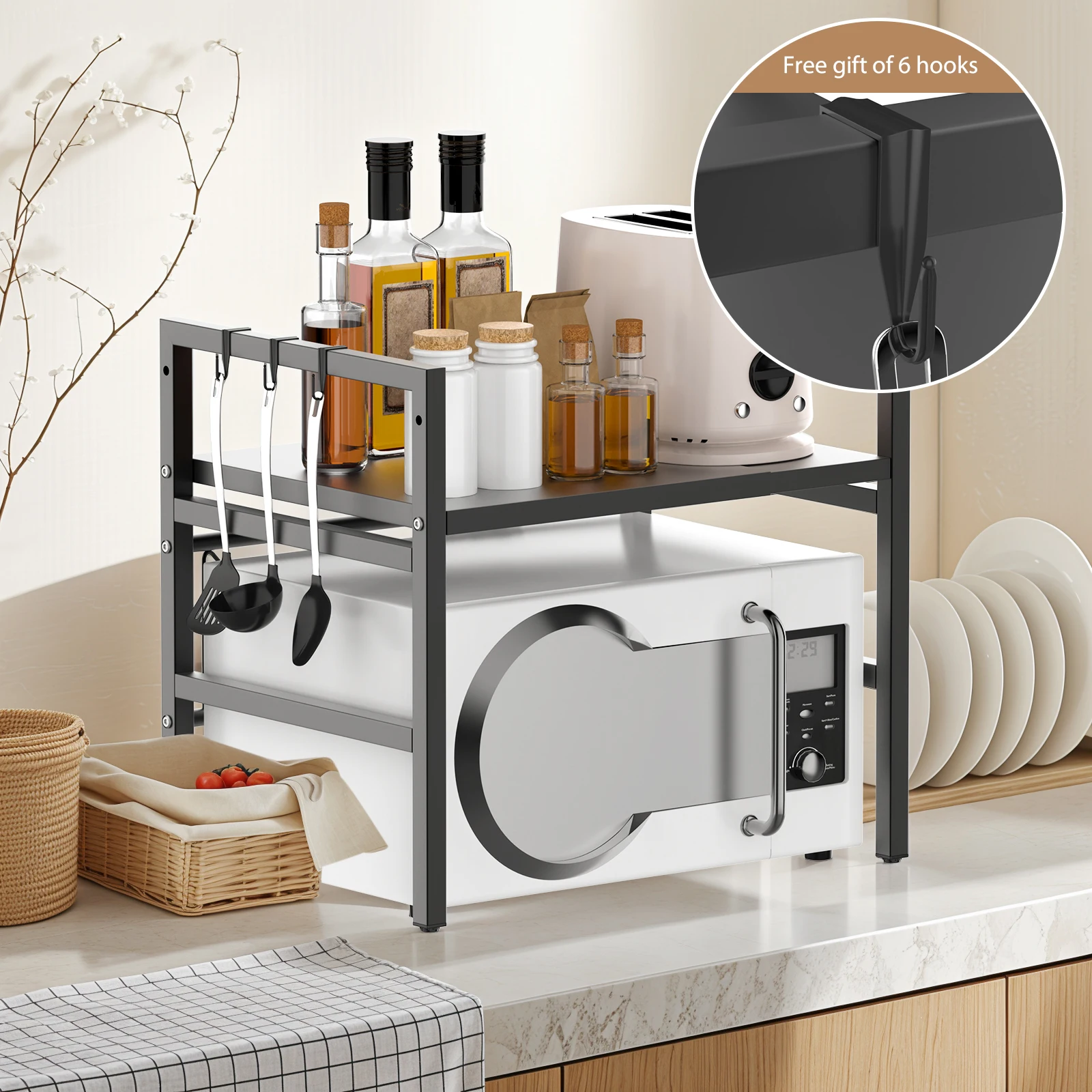 Expandable Microwave Rack, 2 Tier Microwave Rack with 6 Hooks, Microwave Rack, Baking Rack, Kitchen Countertop Organiser thumbnail 2