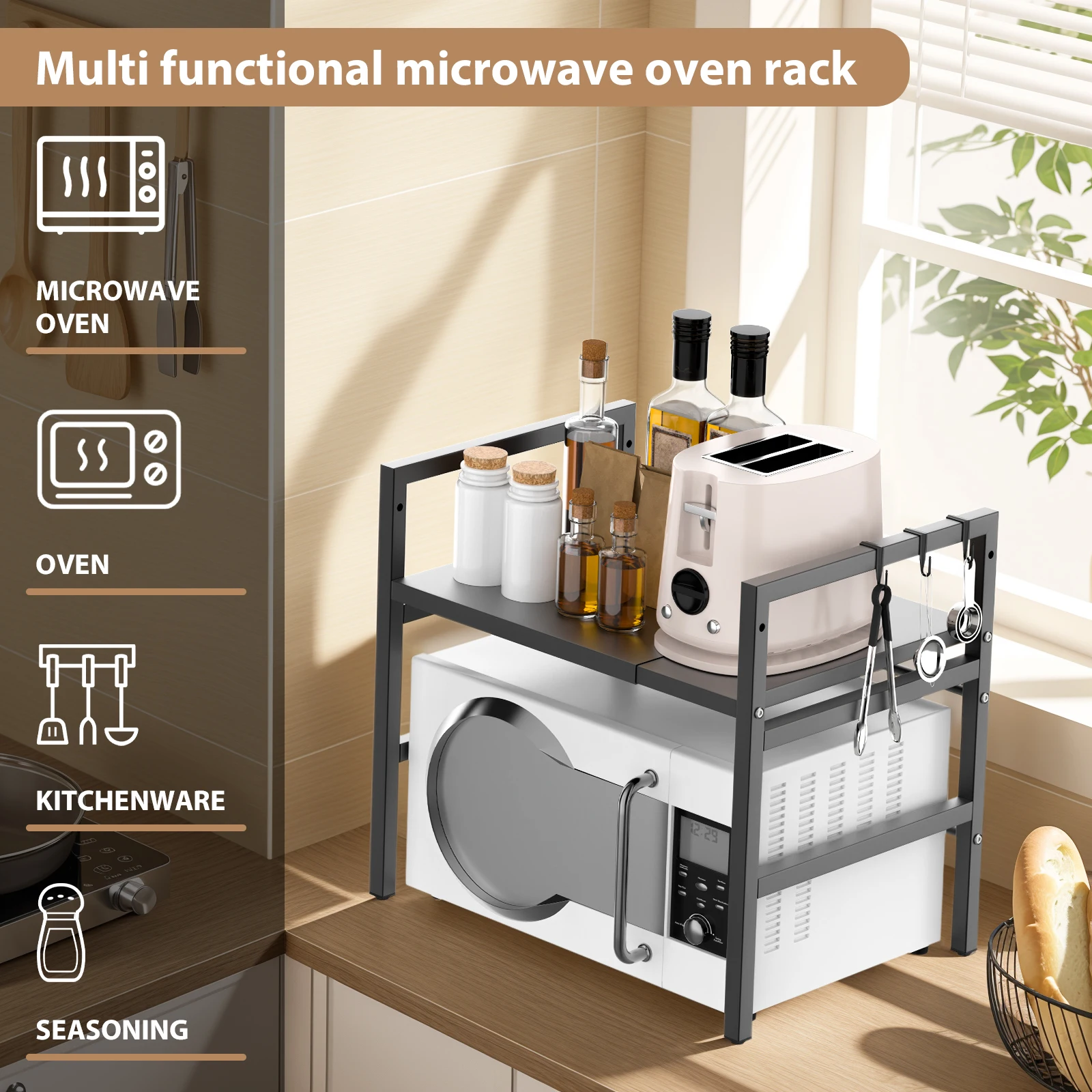 Expandable Microwave Rack, 2 Tier Microwave Rack with 6 Hooks, Microwave Rack, Baking Rack, Kitchen Countertop Organiser thumbnail 6