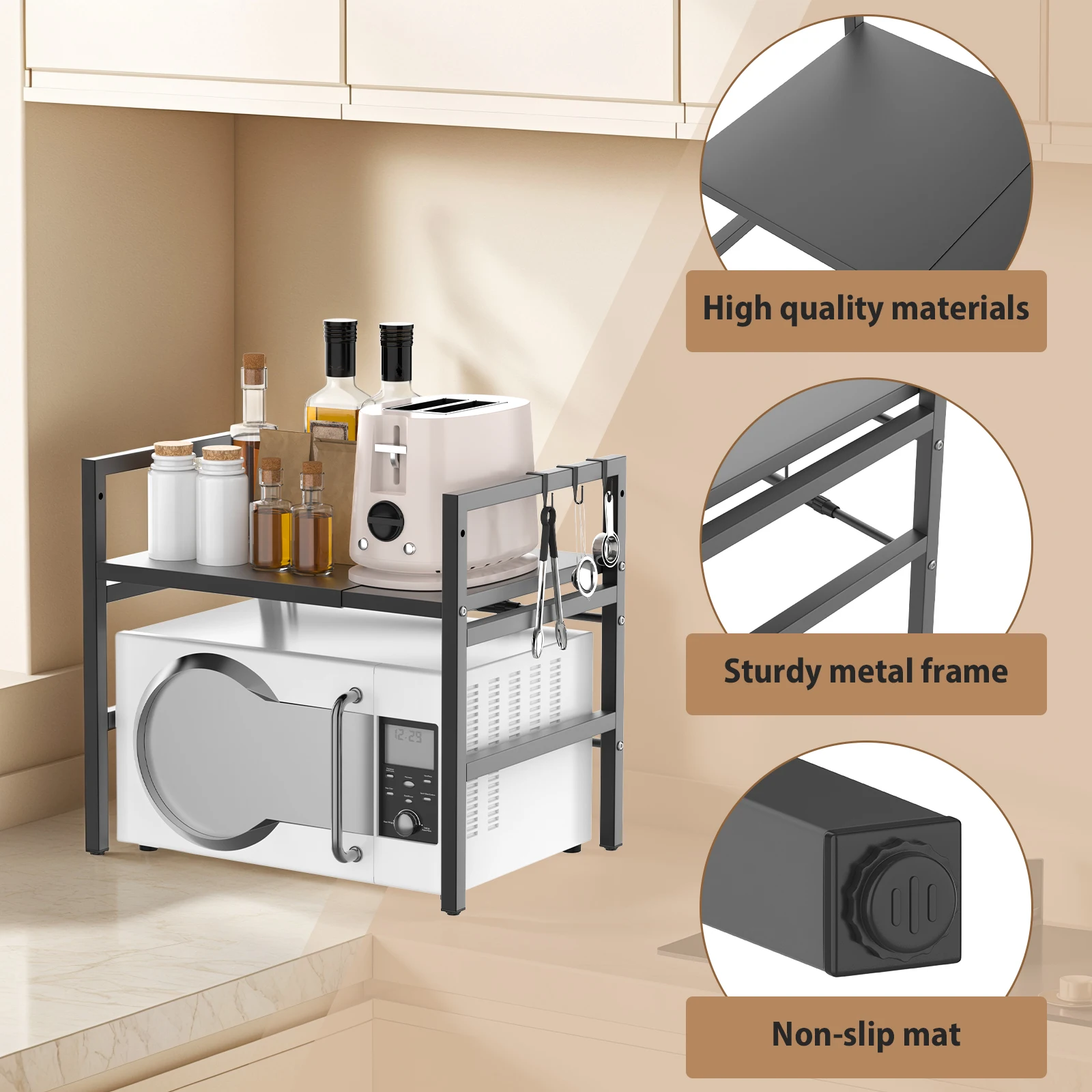 Expandable Microwave Rack, 2 Tier Microwave Rack with 6 Hooks, Microwave Rack, Baking Rack, Kitchen Countertop Organiser thumbnail 5