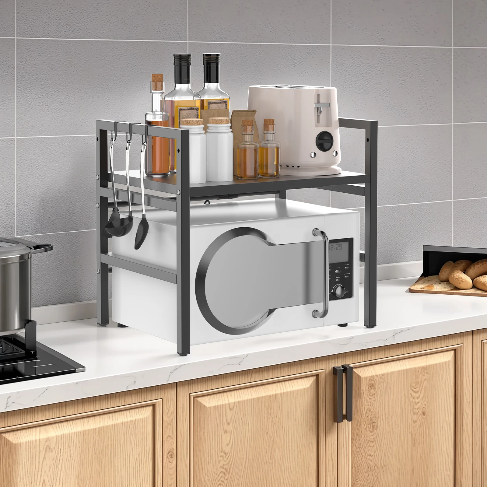 Expandable Microwave Rack, 2 Tier Microwave Rack with 6 Hooks, Microwave Rack, Baking Rack, Kitchen Countertop Organiser thumbnail 3