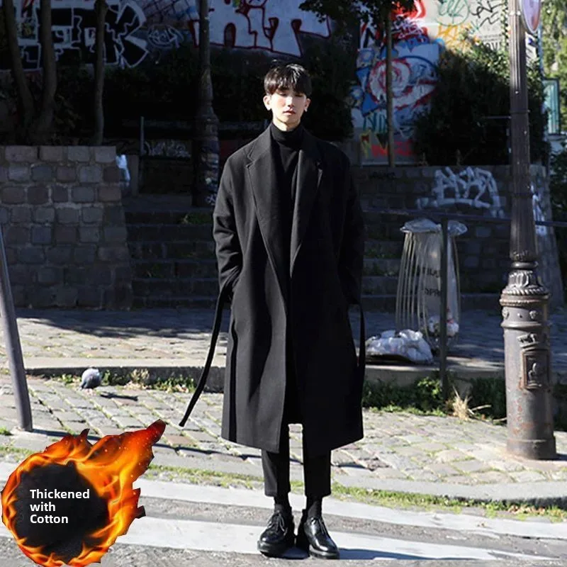 Thickened Cotton Long Overcoat Men's Autumn Winter Woolen Trench Coat Knee-Length Korean Style Men's Coat Fashionable Trendy