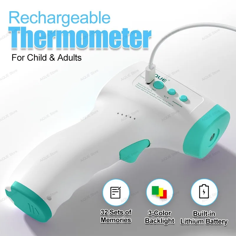 AiQUE Rechargeable Digital ℃℉ Thermometer Fever LED Temperature  Infrared Medical Pyrometer Cold IR Temperature for Child Adult