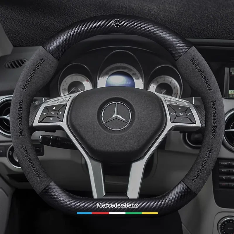 Car Suede Carbon fiber Anti-slip Steering Wheel Cover For Mercedes-Benz A B C E V R-Class C43 CLA GLA GLB GLC GLK SLK SL Vito ML thumbnail 4