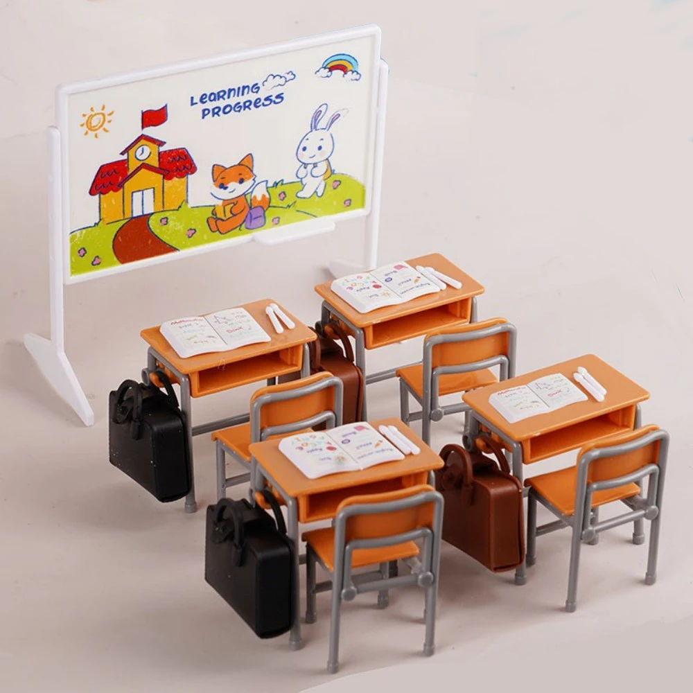 1Set 1:12 Dollhouse Miniature Desks Chairs Schoolbags Model Blackboard Classroom Decor Toy Doll House Accessories