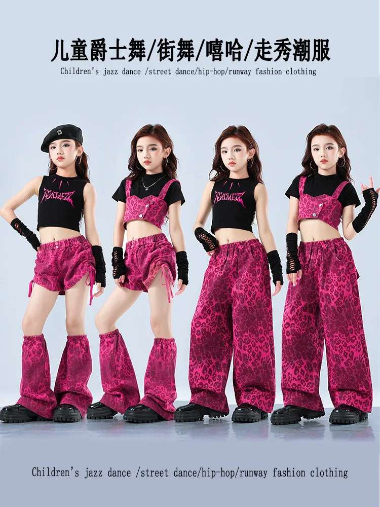 Girls' Jazz Dance Costumes Summer Black Tops Pink Pants Fashion Youth Music Festival Costumes Children Dancing 5-16 thumbnail 2