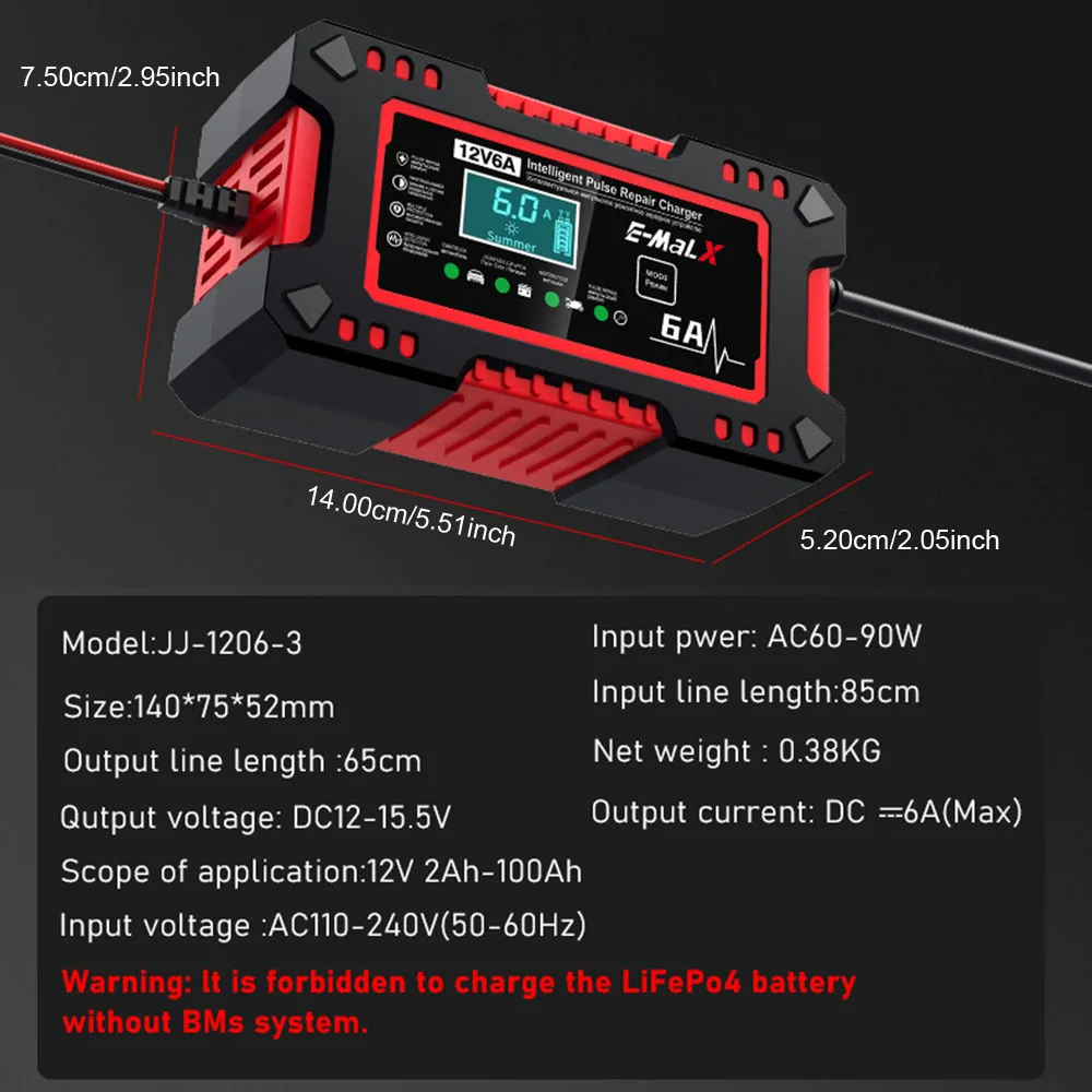 Car Battery Charger 12V 6A Digital Intelligent Pulse Repair Display Overvoltage Protection Household Storage Batteries Charging thumbnail 2