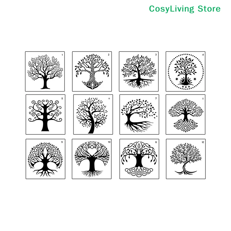 12Pcs Reusable Tree Stencils Set Tree Of Life Stencil Wood Airbrush Drawing Templates Crafts Drawing Stencils For Painting On thumbnail 4