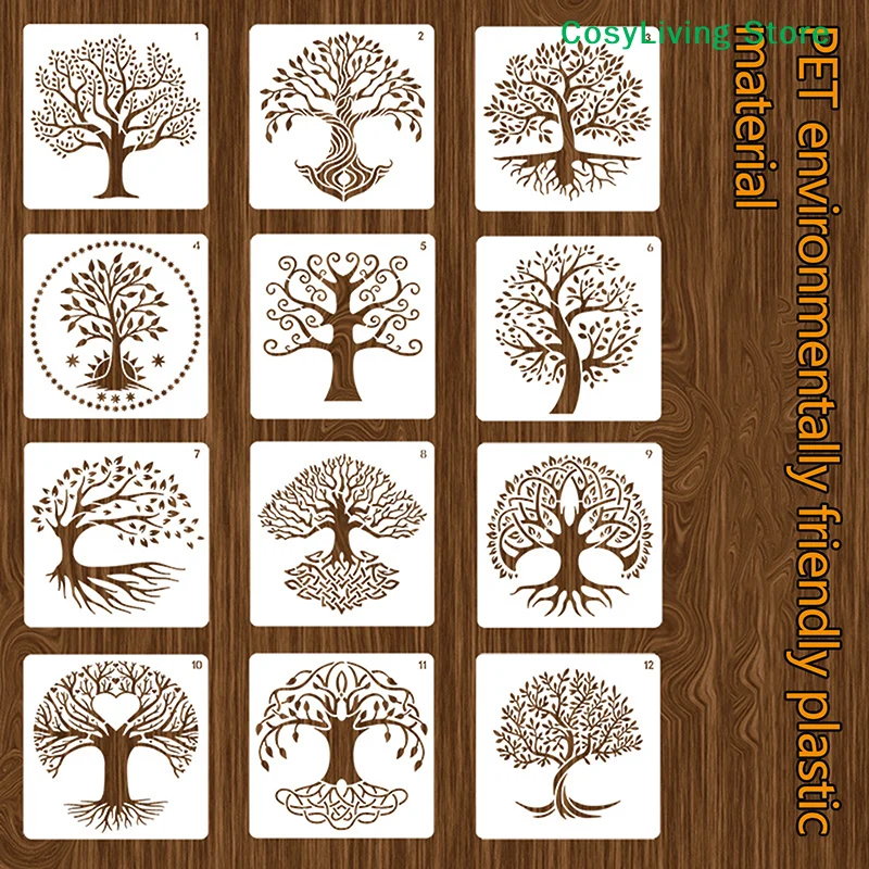 12Pcs Reusable Tree Stencils Set Tree Of Life Stencil Wood Airbrush Drawing Templates Crafts Drawing Stencils For Painting On thumbnail 2