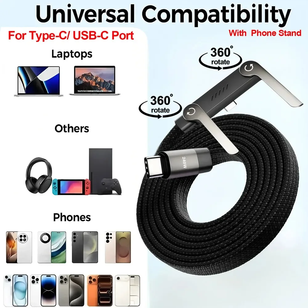 240W Type-C To Type C Cable Elbow Fast Charging Data Cable Foldable Stand Phone Holder For iPhone 17/16/15 For Samsung Charger thumbnail 6