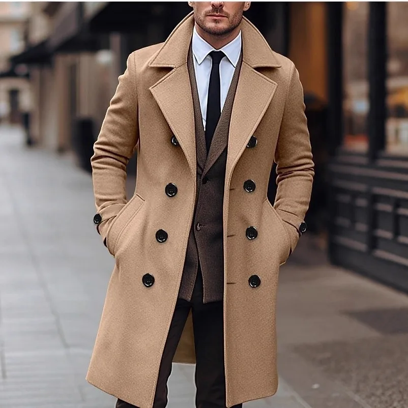 Men's Fashionable Pure Color Woolen Coat Korean Style Double Breasted mid Length Windbreaker Jacket Polyester Fiber Casual Sp...