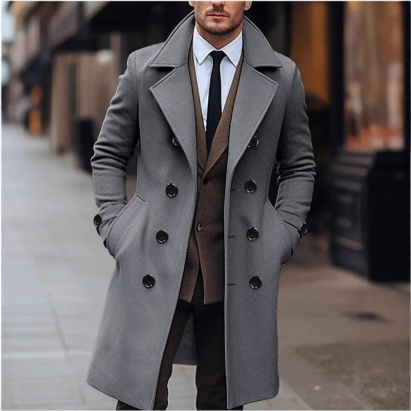 Men's Fashionable Pure Color Woolen Coat Korean Style Double Breasted mid Length Windbreaker Jacket Polyester Fiber Casual Sp... thumbnail 3