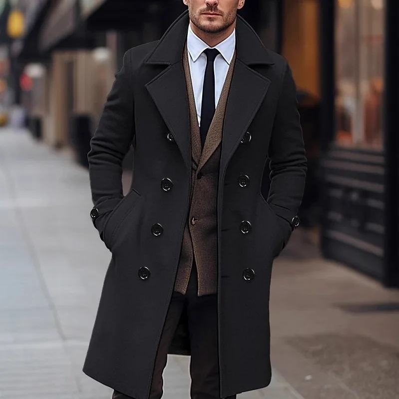 Men's Fashionable Pure Color Woolen Coat Korean Style Double Breasted mid Length Windbreaker Jacket Polyester Fiber Casual Sp... thumbnail 2