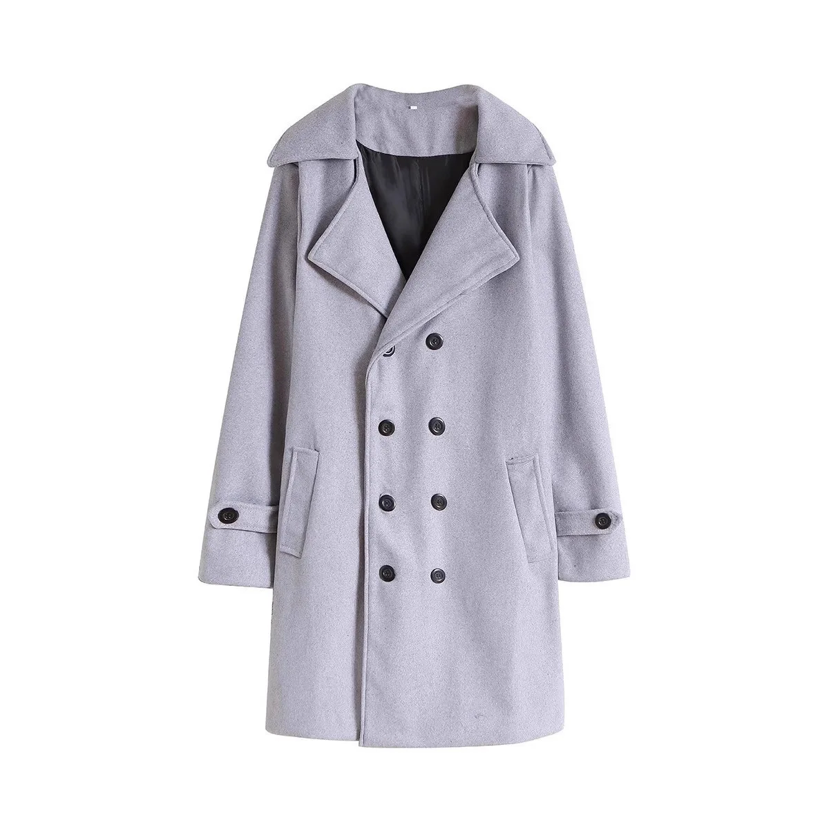 Men's Fashionable Pure Color Woolen Coat Korean Style Double Breasted mid Length Windbreaker Jacket Polyester Fiber Casual Sp... thumbnail 4