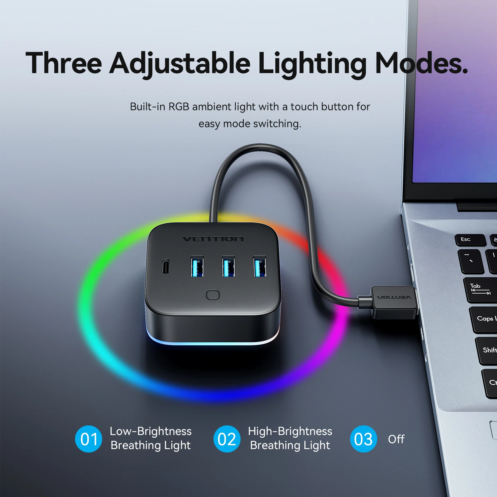 Vention USB A 3.0 HUB RGB Light Switch USB C 3.2 Gen1 5Gbps Desktop Hub Adapter for PC Laptop Accessories USB Splitter Extender thumbnail 3