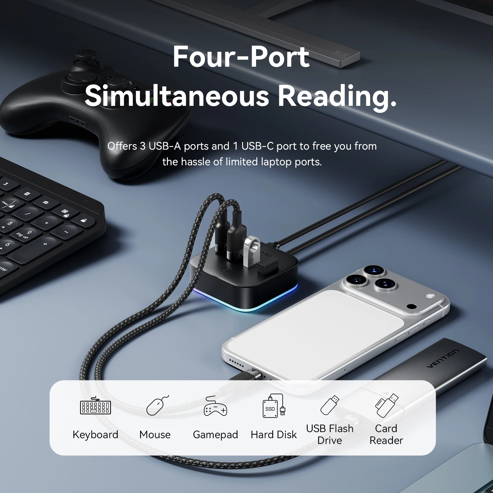 Vention USB A 3.0 HUB RGB Light Switch USB C 3.2 Gen1 5Gbps Desktop Hub Adapter for PC Laptop Accessories USB Splitter Extender thumbnail 4