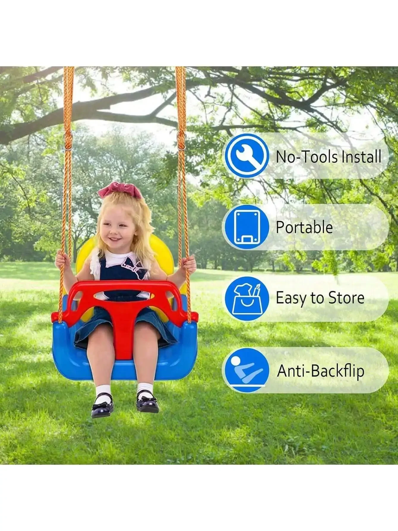 NEW 3-in-1 Toddler Swing Seat Baby Swing Seat with Adjustable Ropes Snap Hooks thumbnail 2