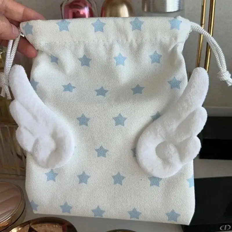 HOT Canvas Angel Wings Stars Makeup Bag INS Drawstring Storage Bag Portable Bundle Pocket Dustproof Storage Bag Organizer Bag thumbnail 5