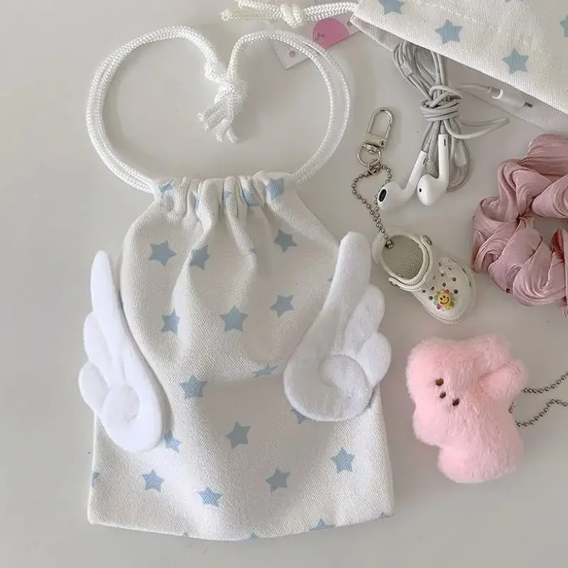 HOT Canvas Angel Wings Stars Makeup Bag INS Drawstring Storage Bag Portable Bundle Pocket Dustproof Storage Bag Organizer Bag thumbnail 4