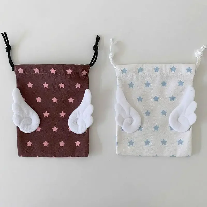 HOT Canvas Angel Wings Stars Makeup Bag INS Drawstring Storage Bag Portable Bundle Pocket Dustproof Storage Bag Organizer Bag thumbnail 3