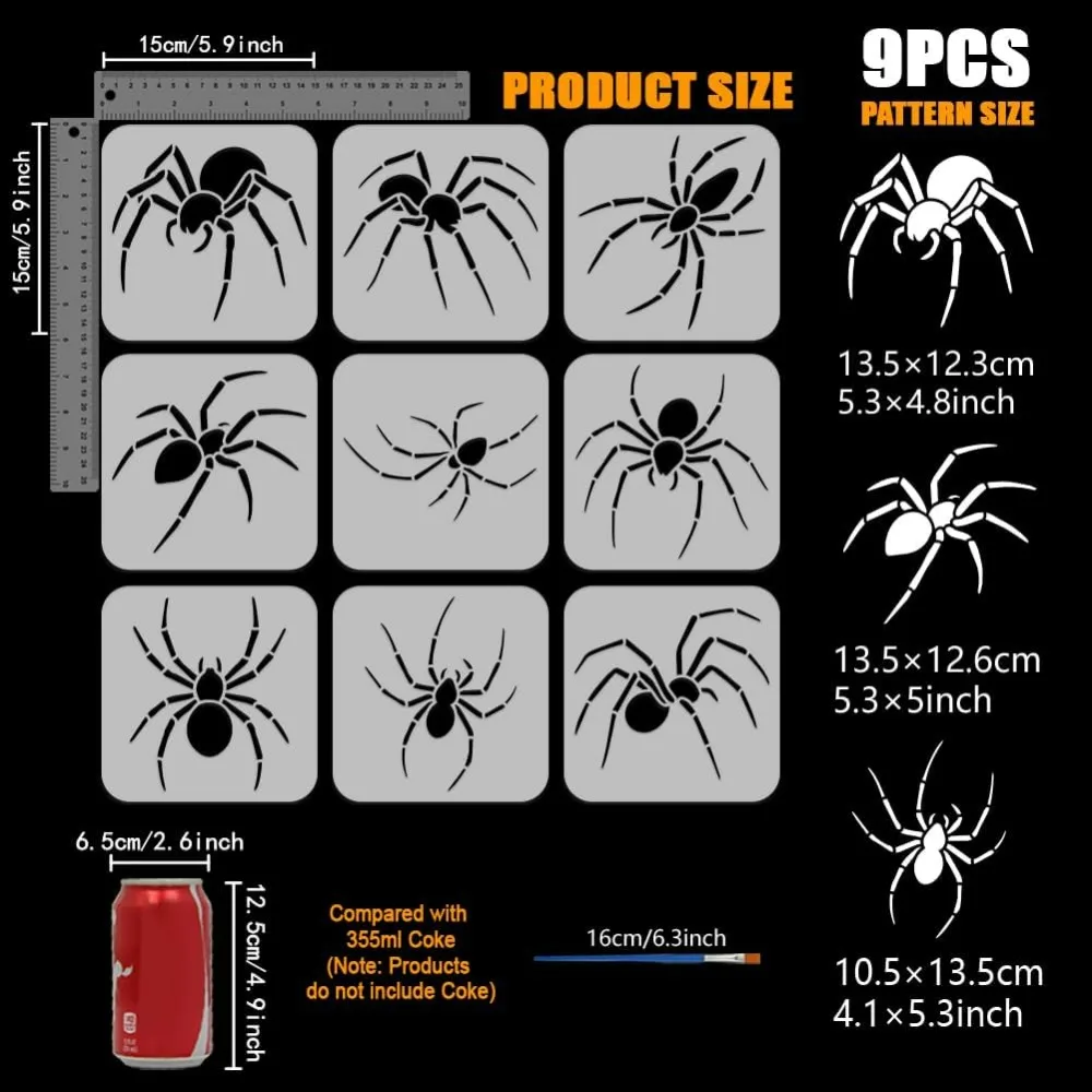 9PCS Spider Stencils with 1Pc Plastic Brush 5.9x5.9inch Halloween for Painting on Wall Wood Fabric Furniture DIY Home Decoration thumbnail 2
