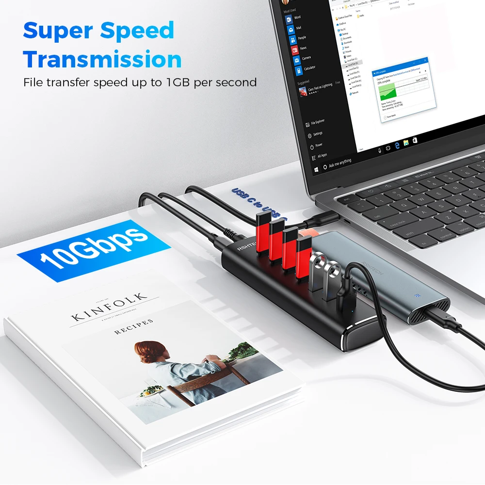 RSHTECH USB 3.2 Hub Splitter 7-IN-1 10Gbps Data Transfer with Individual Touch Switches Docking Stations for Laptop PC Computer thumbnail 3