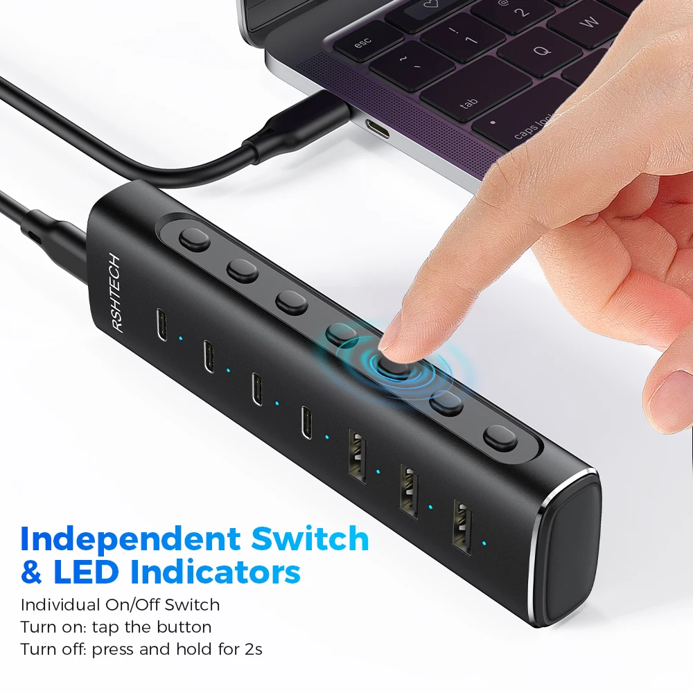RSHTECH USB 3.2 Hub Splitter 7-IN-1 10Gbps Data Transfer with Individual Touch Switches Docking Stations for Laptop PC Computer thumbnail 5