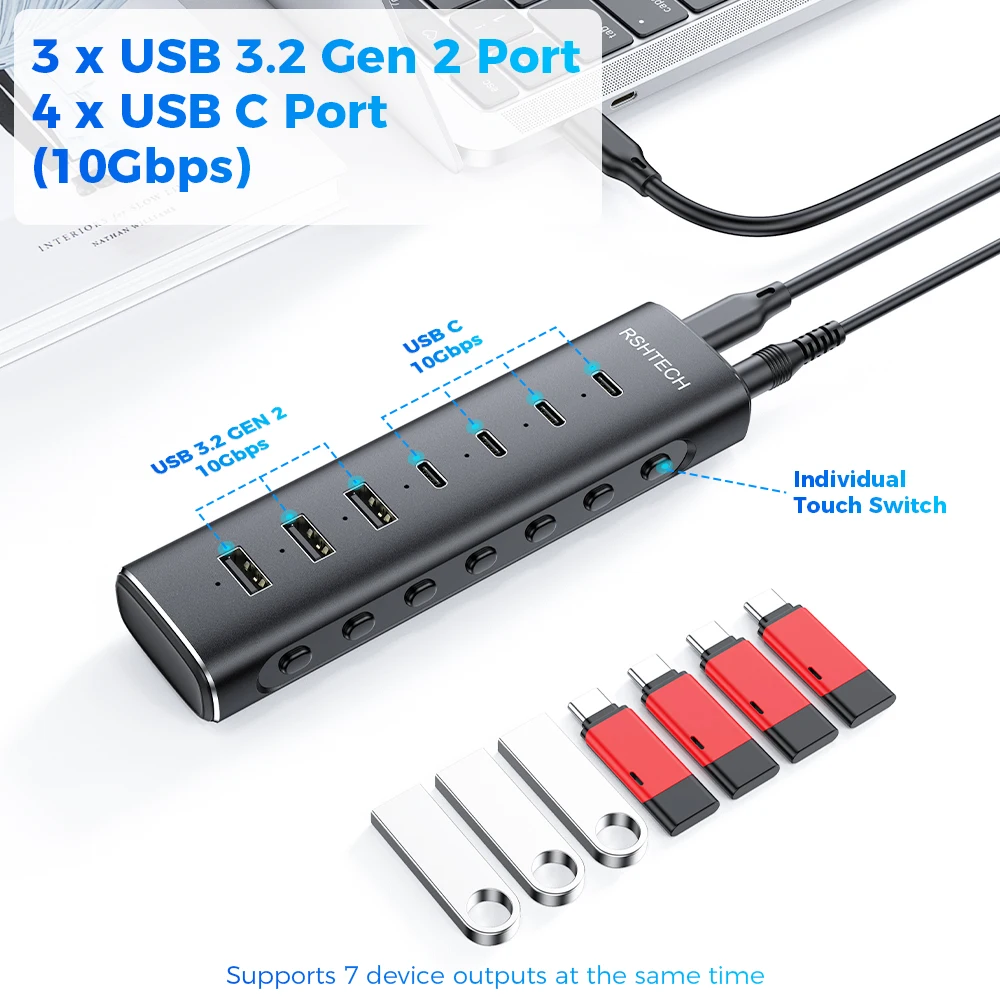 RSHTECH USB 3.2 Hub Splitter 7-IN-1 10Gbps Data Transfer with Individual Touch Switches Docking Stations for Laptop PC Computer thumbnail 2