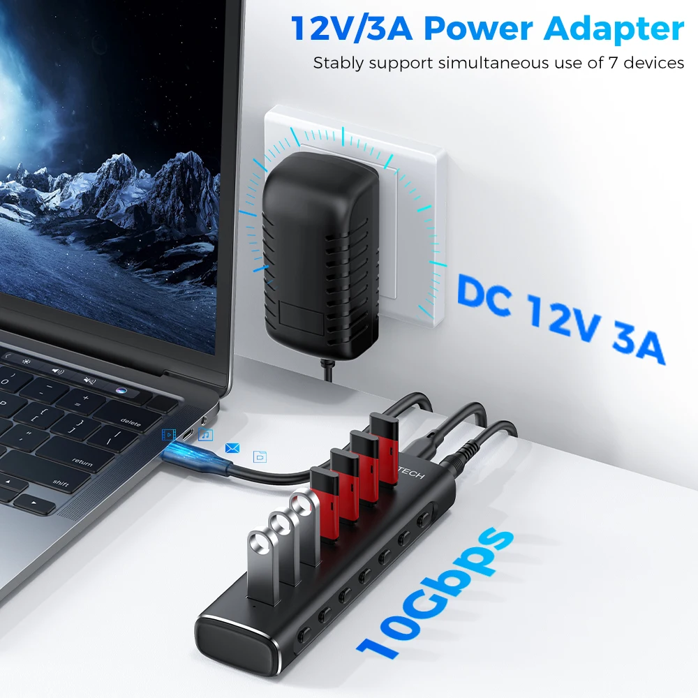 RSHTECH USB 3.2 Hub Splitter 7-IN-1 10Gbps Data Transfer with Individual Touch Switches Docking Stations for Laptop PC Computer thumbnail 4