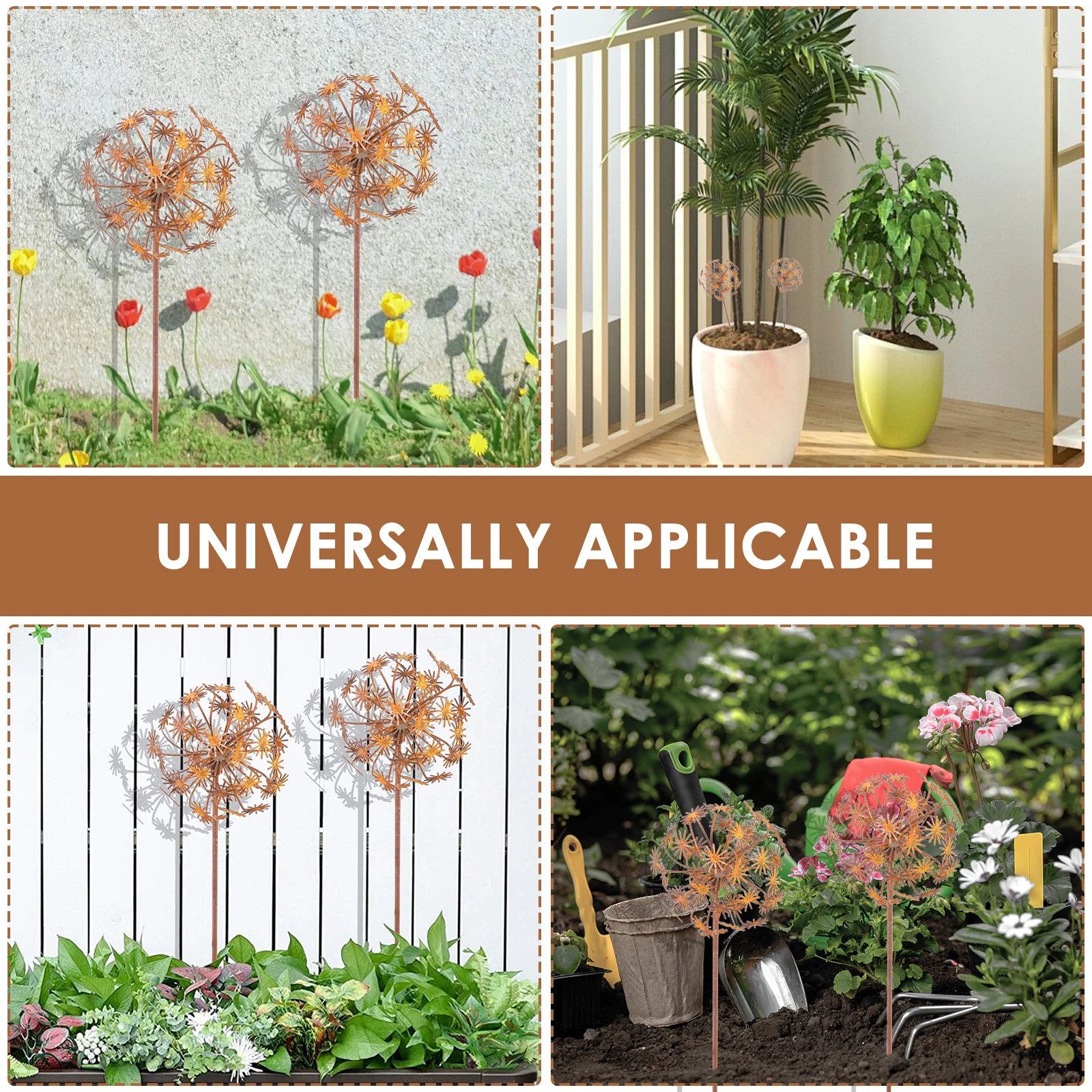 2Pcs Metal Decorative Garden Stakes Flower Patio Balcony Planter Garden Decor Home Yard Outdoor Rusty Finish Fence Decor thumbnail 4