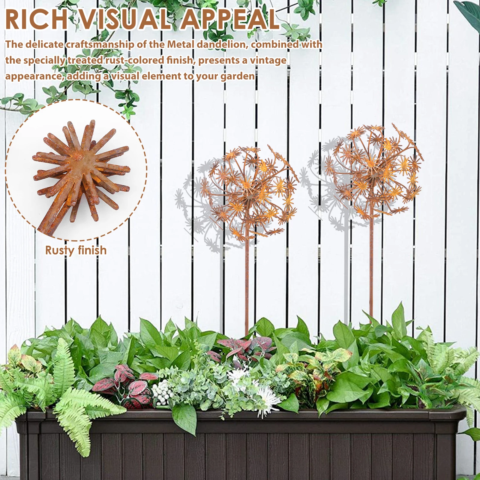 2Pcs Metal Decorative Garden Stakes Flower Patio Balcony Planter Garden Decor Home Yard Outdoor Rusty Finish Fence Decor thumbnail 3