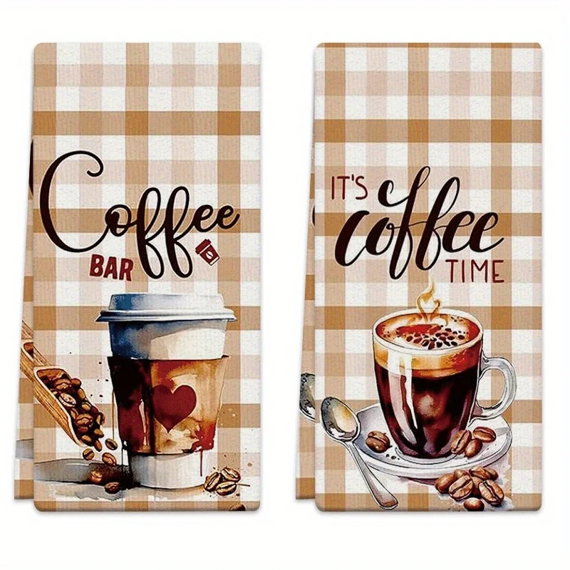 2Pcs, Vintage Brown Checkered Coffee Kitchen Towels, 40Cm*60Cm Towel Set, Super Absorbent Soft Cleaning Cloth, Cooking and Baking Tea Towel, Hand Towel, Cleaning Cloth, Dishcloth, Kitchen Decoration, Living Room Decoration, Kitchen Essentials, Home Essentials