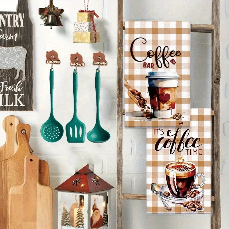 2Pcs, Vintage Brown Checkered Coffee Kitchen Towels, 40Cm*60Cm Towel Set, Super Absorbent Soft Cleaning Cloth, Cooking and Baking Tea Towel, Hand Towel, Cleaning Cloth, Dishcloth, Kitchen Decoration, Living Room Decoration, Kitchen Essentials, Home Essentials thumbnail 3