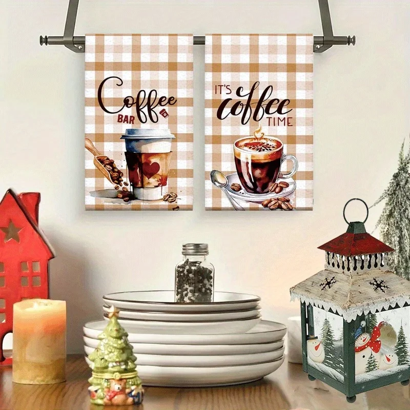 2Pcs, Vintage Brown Checkered Coffee Kitchen Towels, 40Cm*60Cm Towel Set, Super Absorbent Soft Cleaning Cloth, Cooking and Baking Tea Towel, Hand Towel, Cleaning Cloth, Dishcloth, Kitchen Decoration, Living Room Decoration, Kitchen Essentials, Home Essentials thumbnail 2