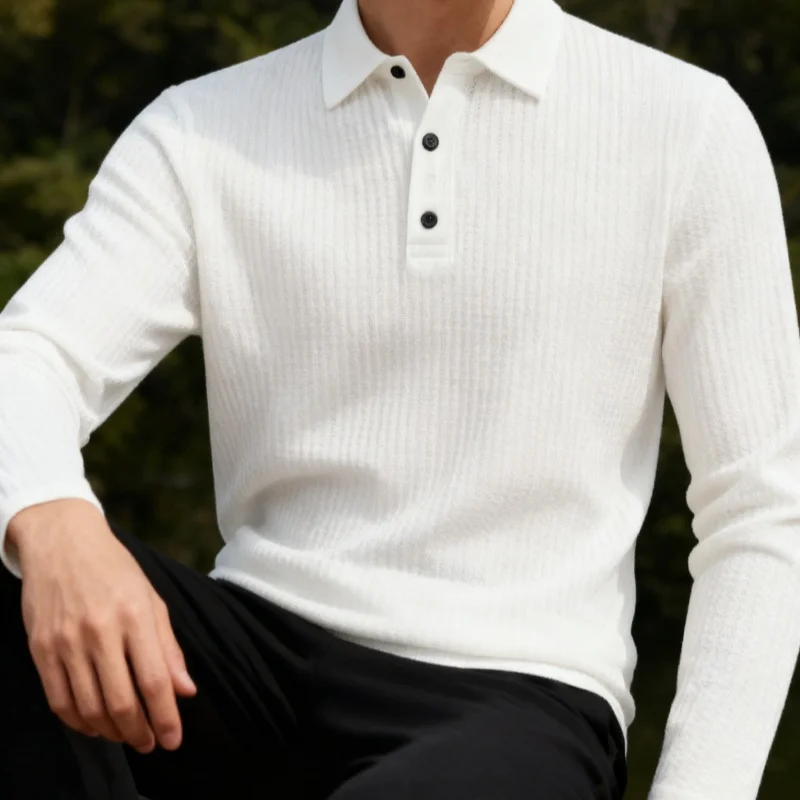 New Men's Business Casual Long Sleeved Solid Color Polo Shirt Summer Fashionable Breathable Comfortable Versatile Top T-shirt