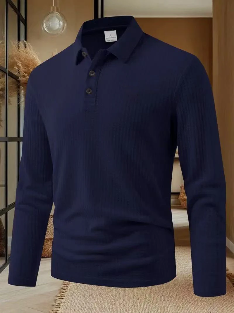 New Men's Business Casual Long Sleeved Solid Color Polo Shirt Summer Fashionable Breathable Comfortable Versatile Top T-shirt thumbnail 4