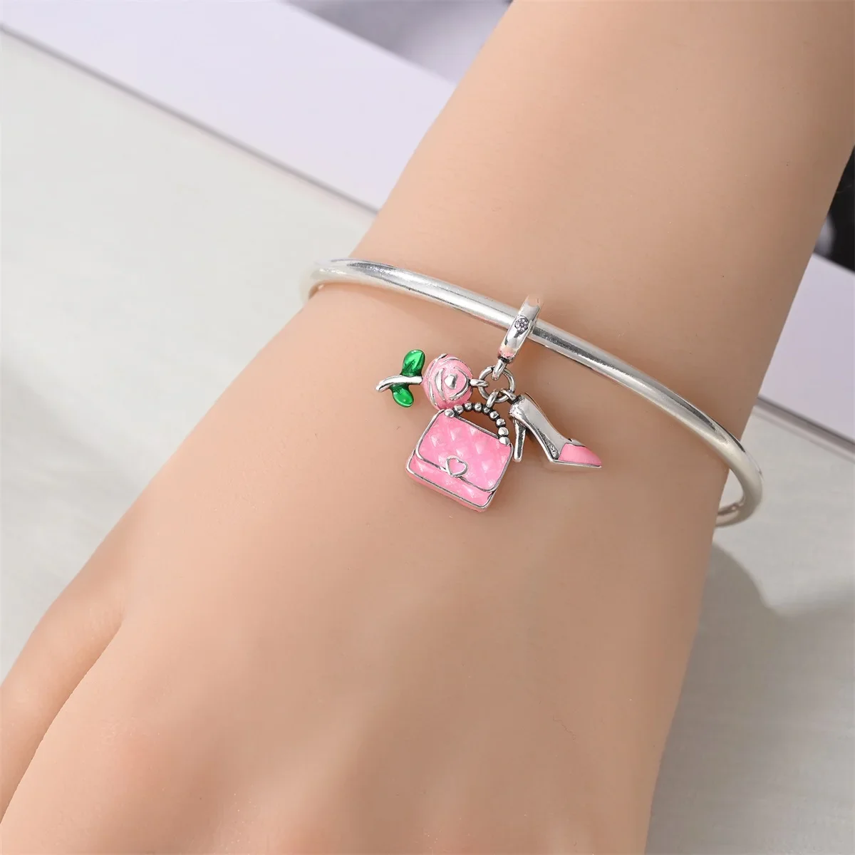 Romantic 925 Sterling Silver Lipstick Shoes Bag Charms Backpack Beads Pendant Fit Womens Bracelet Necklace DIY Fine Jewelry Gift thumbnail 3