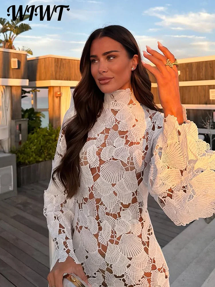White Crochet Hollow-out Mini Dresses Women's Sexy IrregulaR Hem Stand Collar Full Sleeve Dress 2026 Spring New Lady Party Gowns thumbnail 3